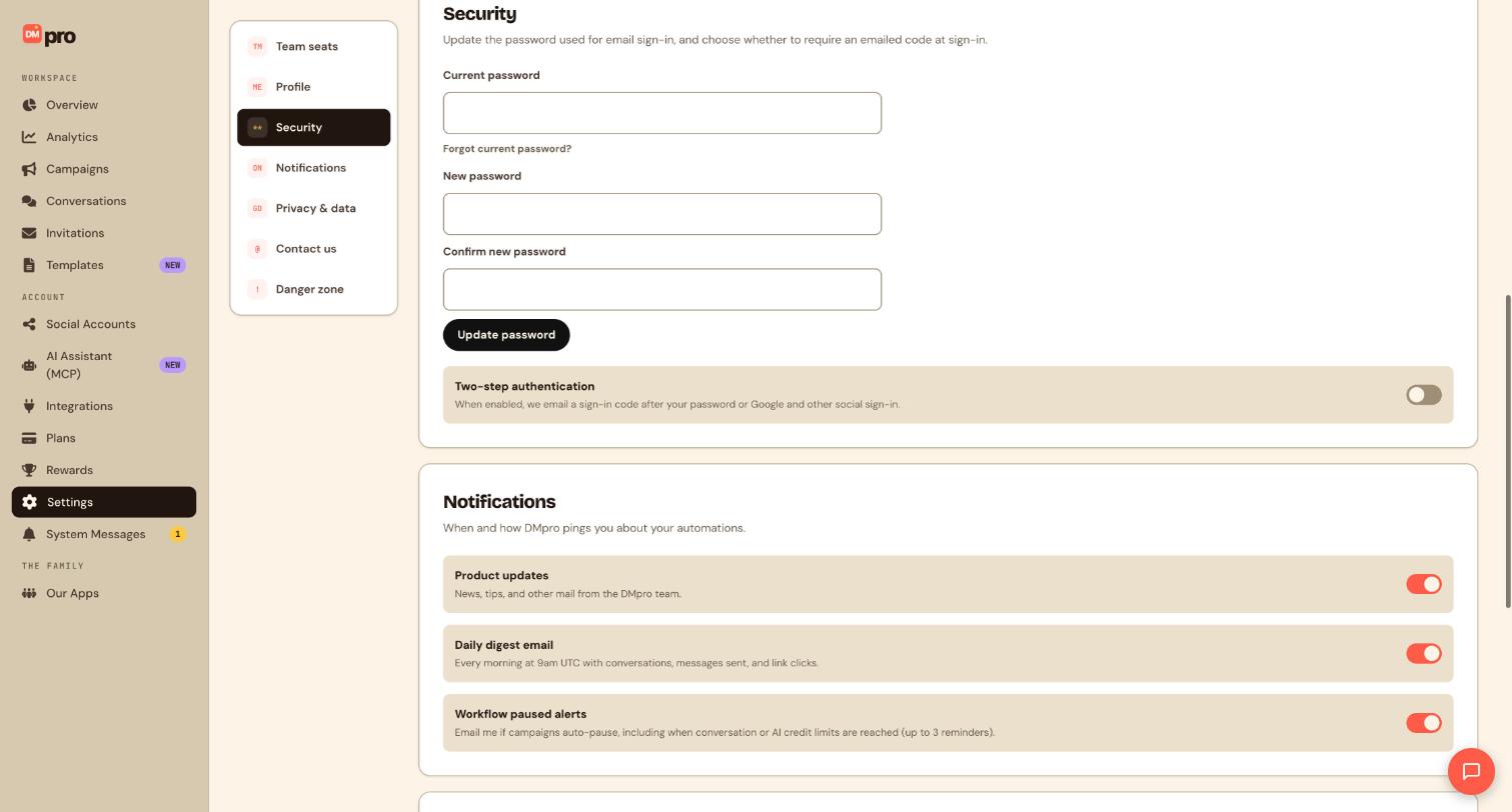 The Security section of Settings with the password fields and, below them, the Two-step authentication switch, which is off.