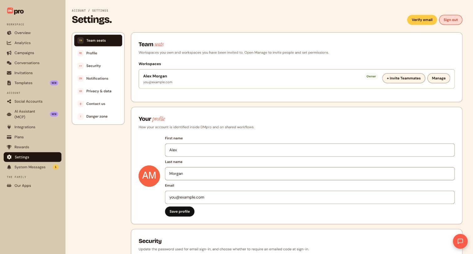The Settings page, with Verify email and Sign out at the top right.