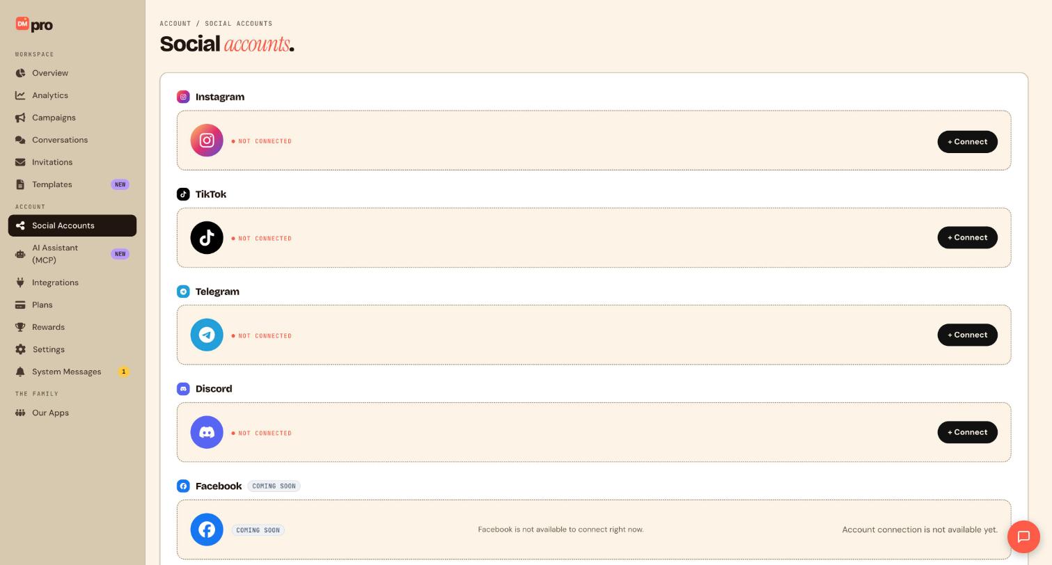 The Social Accounts page with the Discord card showing NOT CONNECTED and a Connect button.