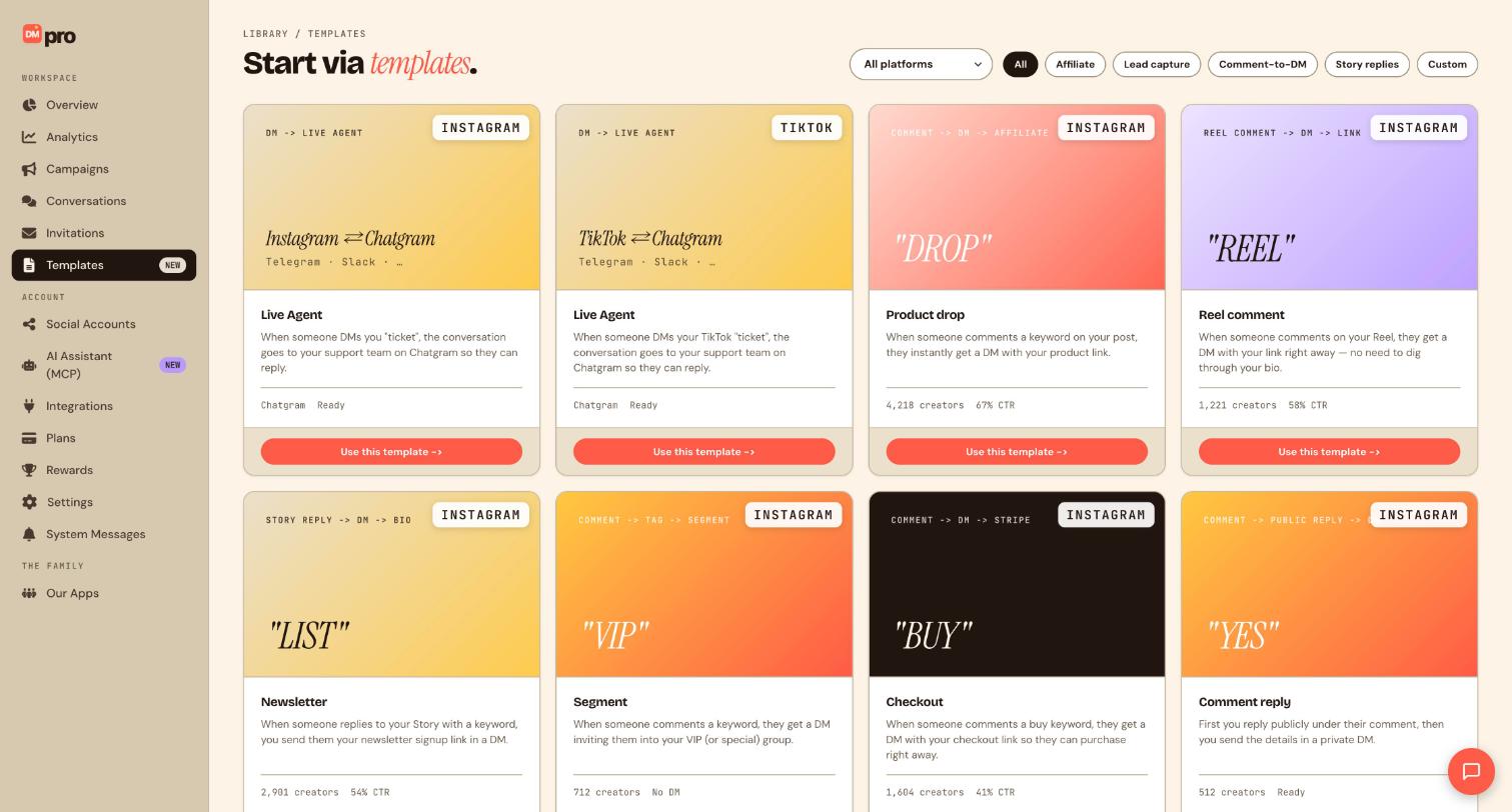 The Templates page, where the two Live Agent cards (Instagram and TikTok) appear first.