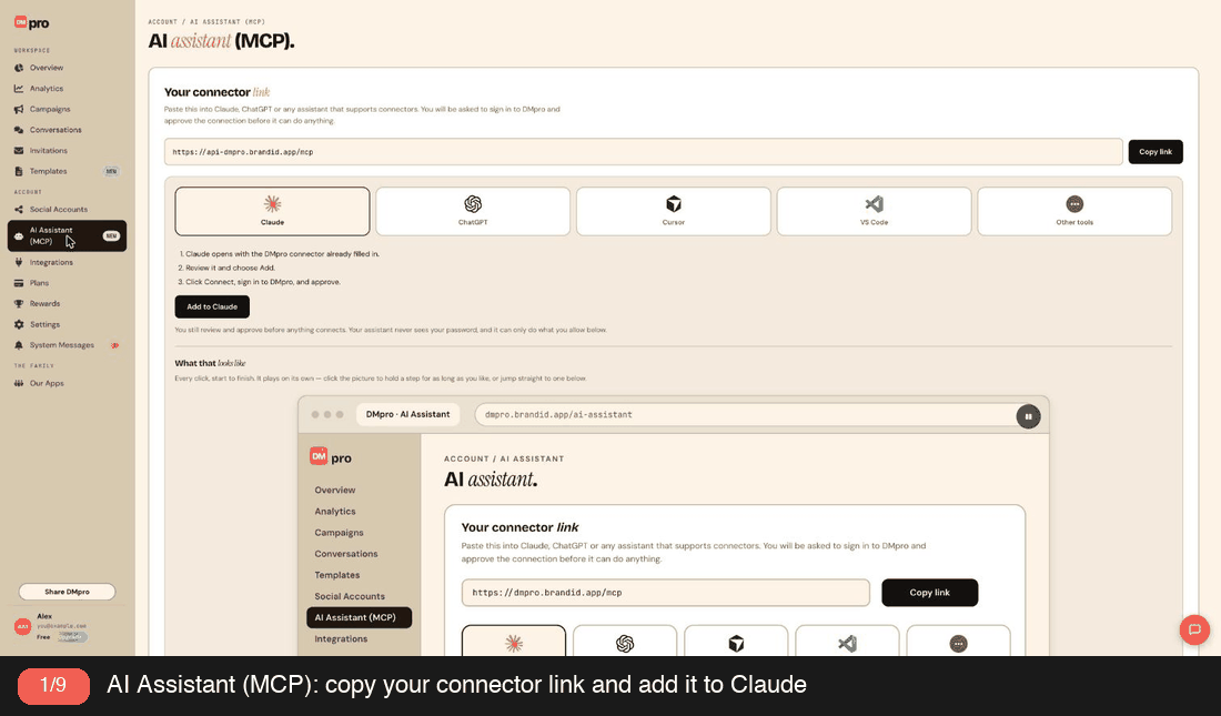 Tour of the AI Assistant (MCP) page: connect an app, choose permissions, manage connected assistants